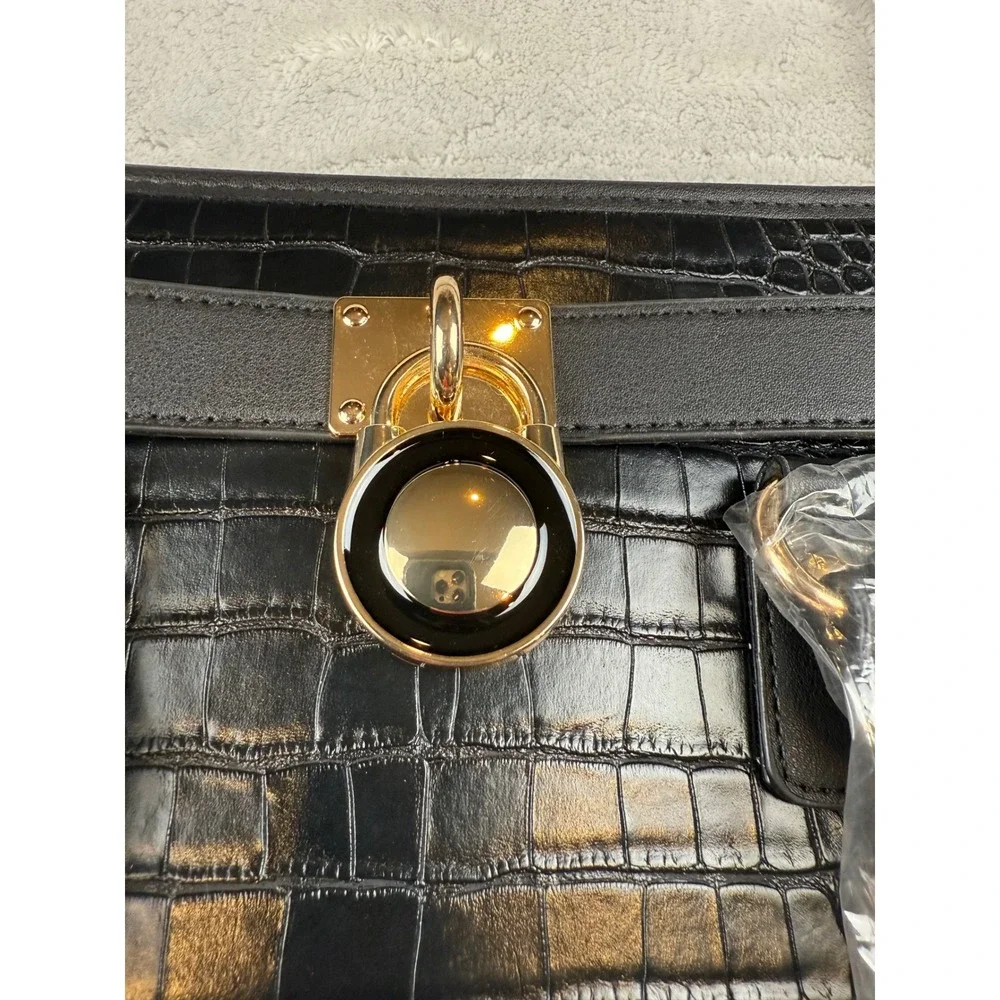 Dasein Black Croc Embossed Satchel Handbag Gold Accent‎ Chain Strap New